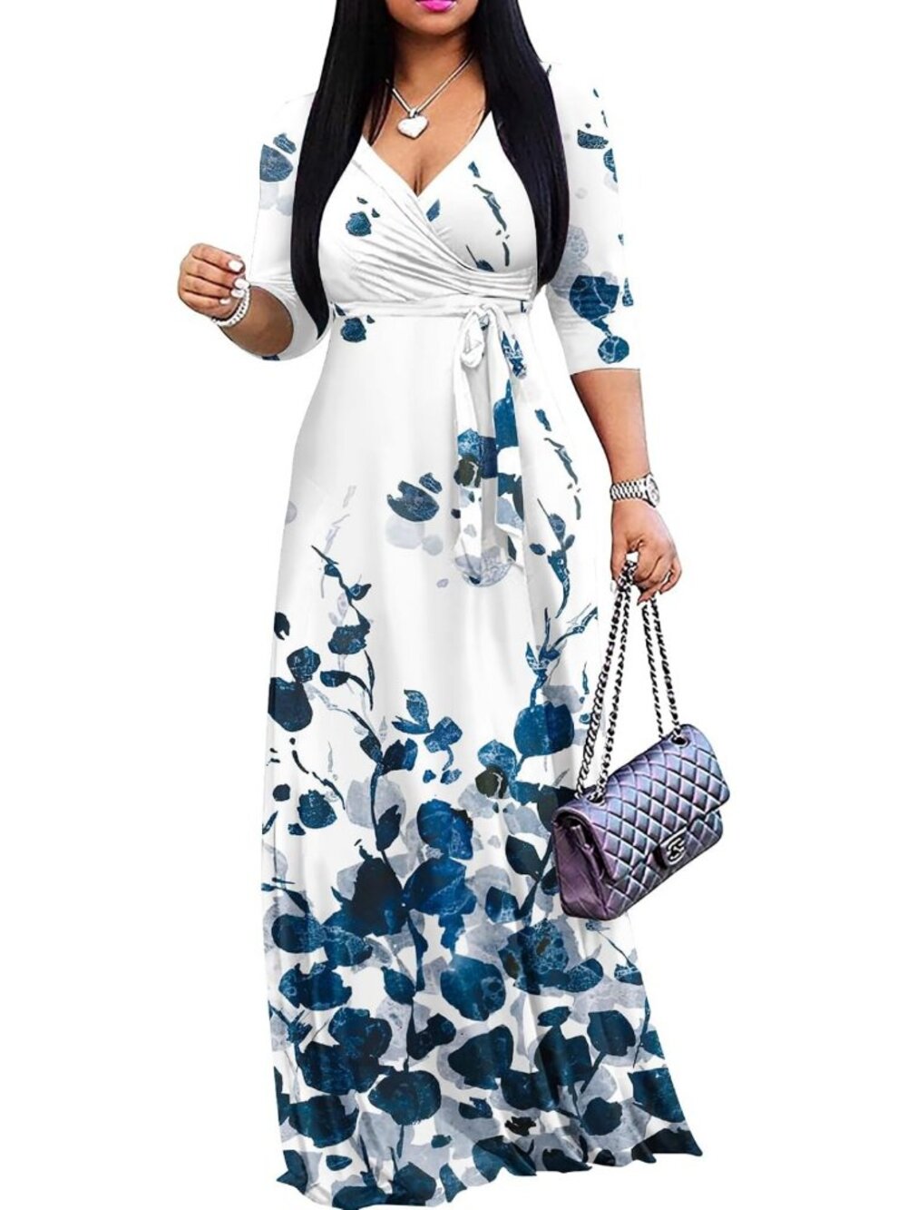 Plus Size Casual Maxi Dress for Women - Summer V-Neck Sundress with 3/4 Sleeves